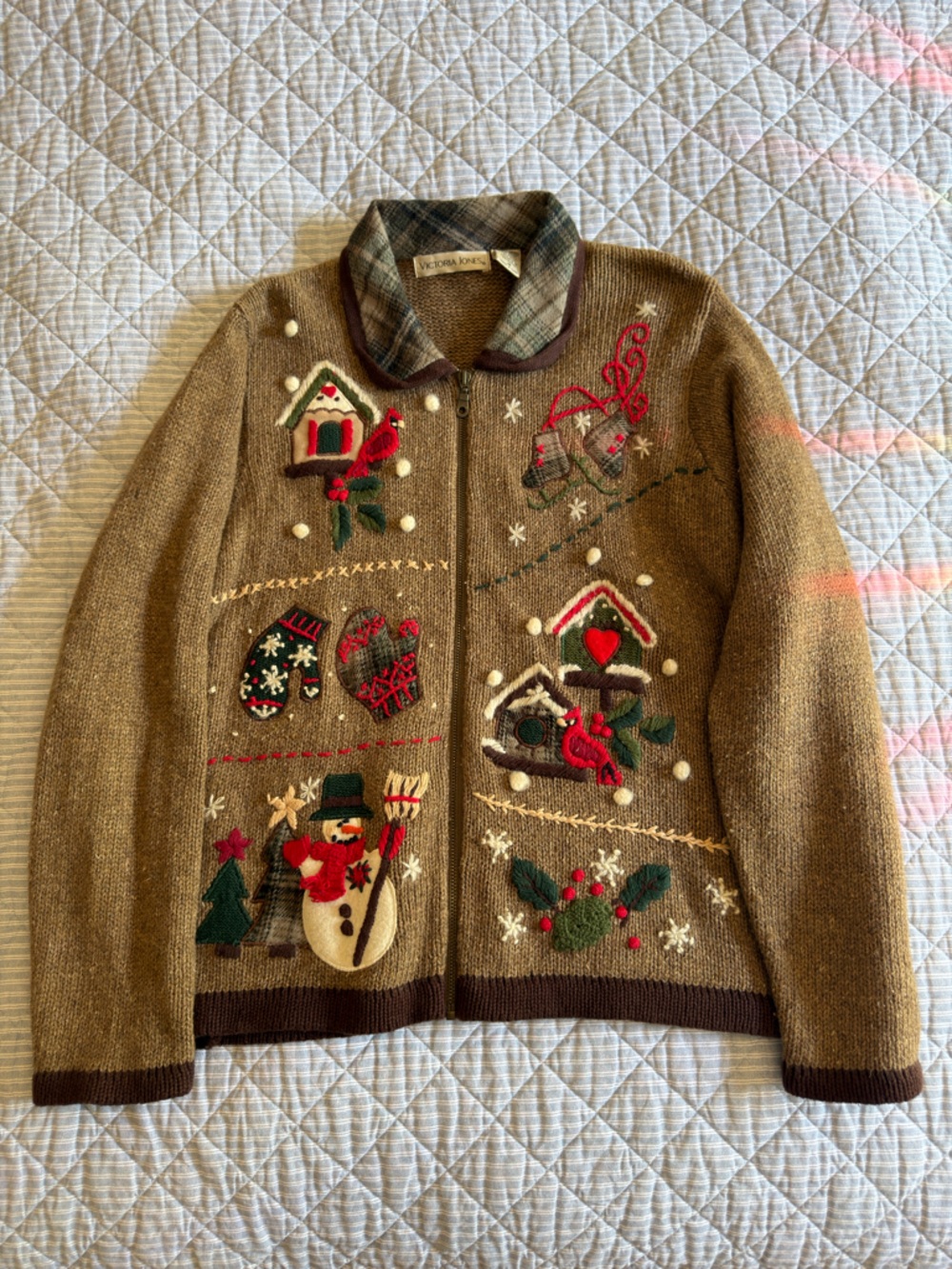 Womens Brown Holiday Embroidered Zip Sweater